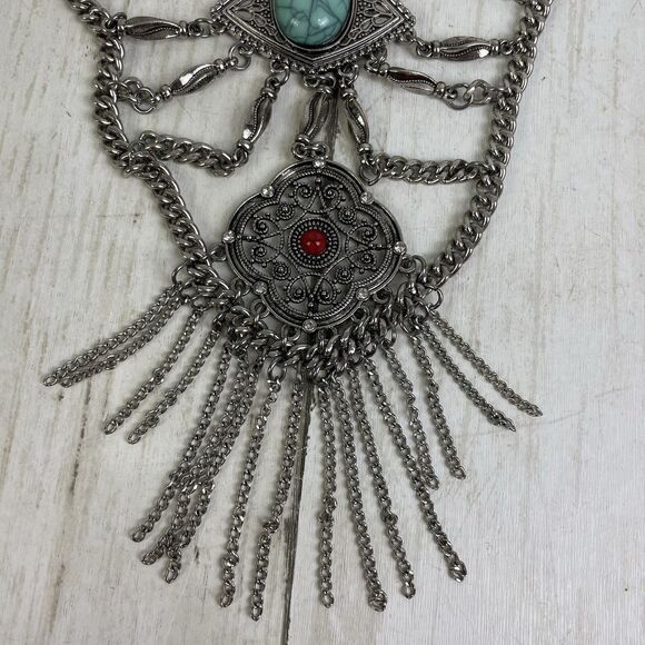 Bohemian Silver Tone Chain Necklace Turquoise & Red Stones Adjustable Length - Picture 2 of 10